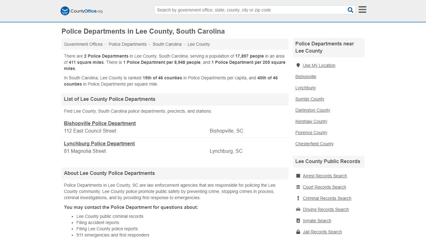 Police Departments - Lee County, SC (Arrest Records & Police Logs)